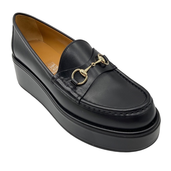 GUCCI BLACK HORSEBIT PLATFORM LOAFERS - Picture 1 of 10